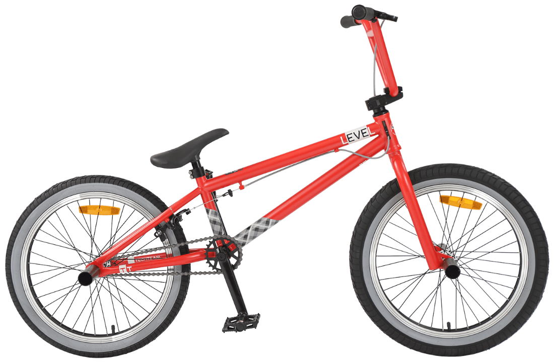 20д. BMX TechTeam Level, 1ск, V-BRAKE, рама сталь, 48 сп, 4 пэги, алый