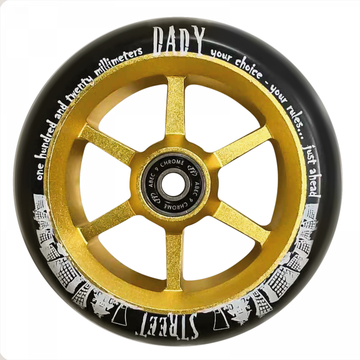 Колесо самоката паркового ф 120 мм 6ST, Flat Solid, AL, (для Street Dady), подш. Abec - 9, TТ зол-че