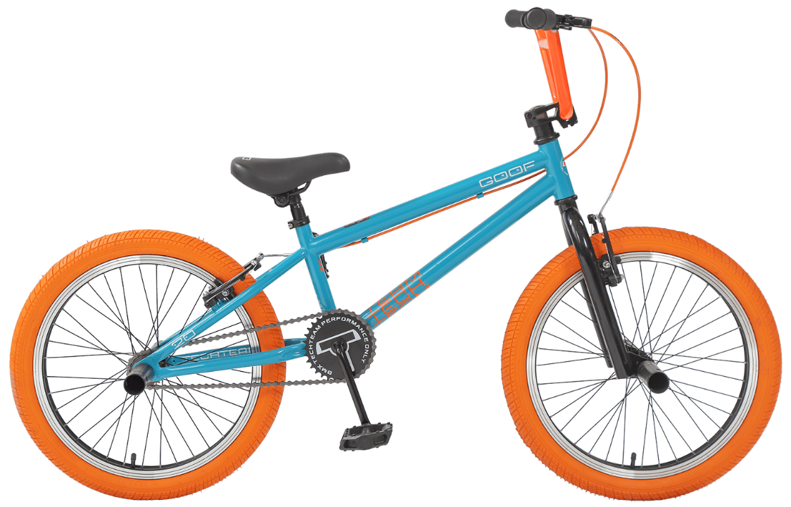 20д. BMX TechTeam Goof, 1ск, V-BRAKE, рама сталь, 4 пэги, бирюзово-оранжевый
